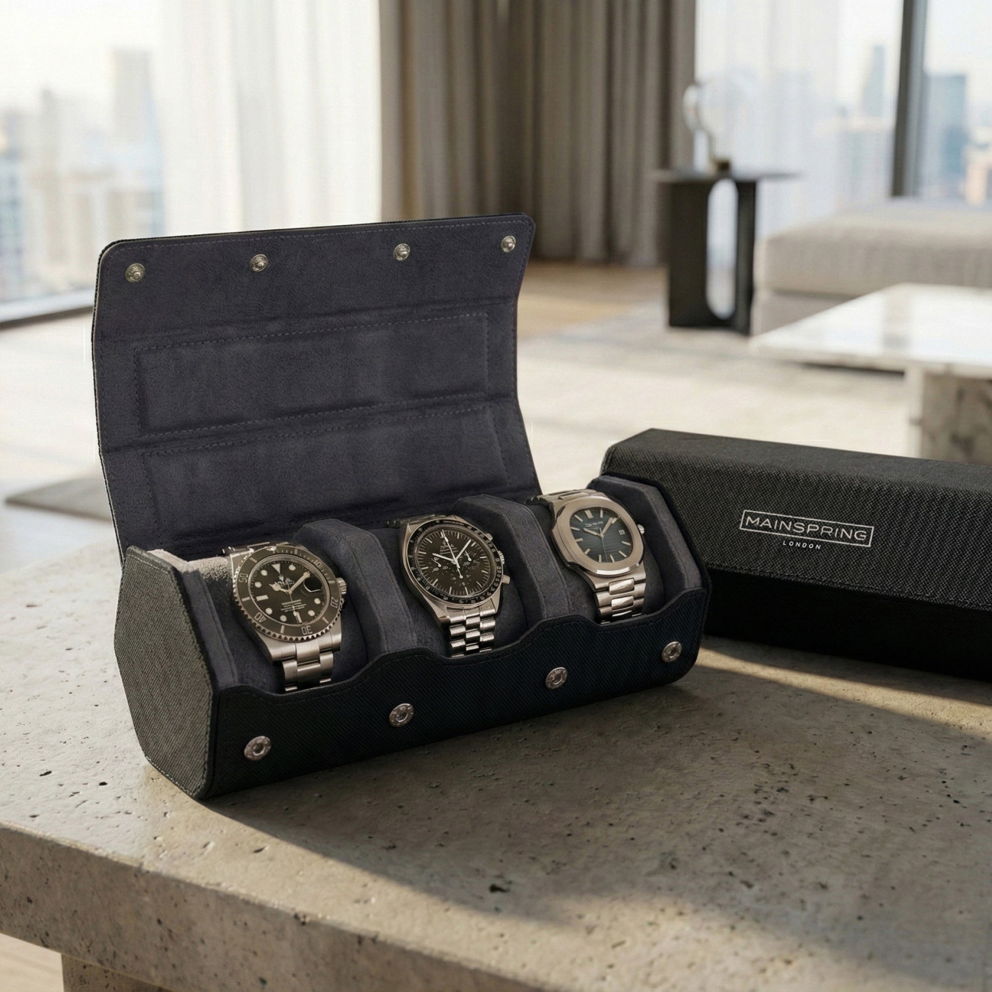Esagono 3-Slot Watch Roll - Ink Black
