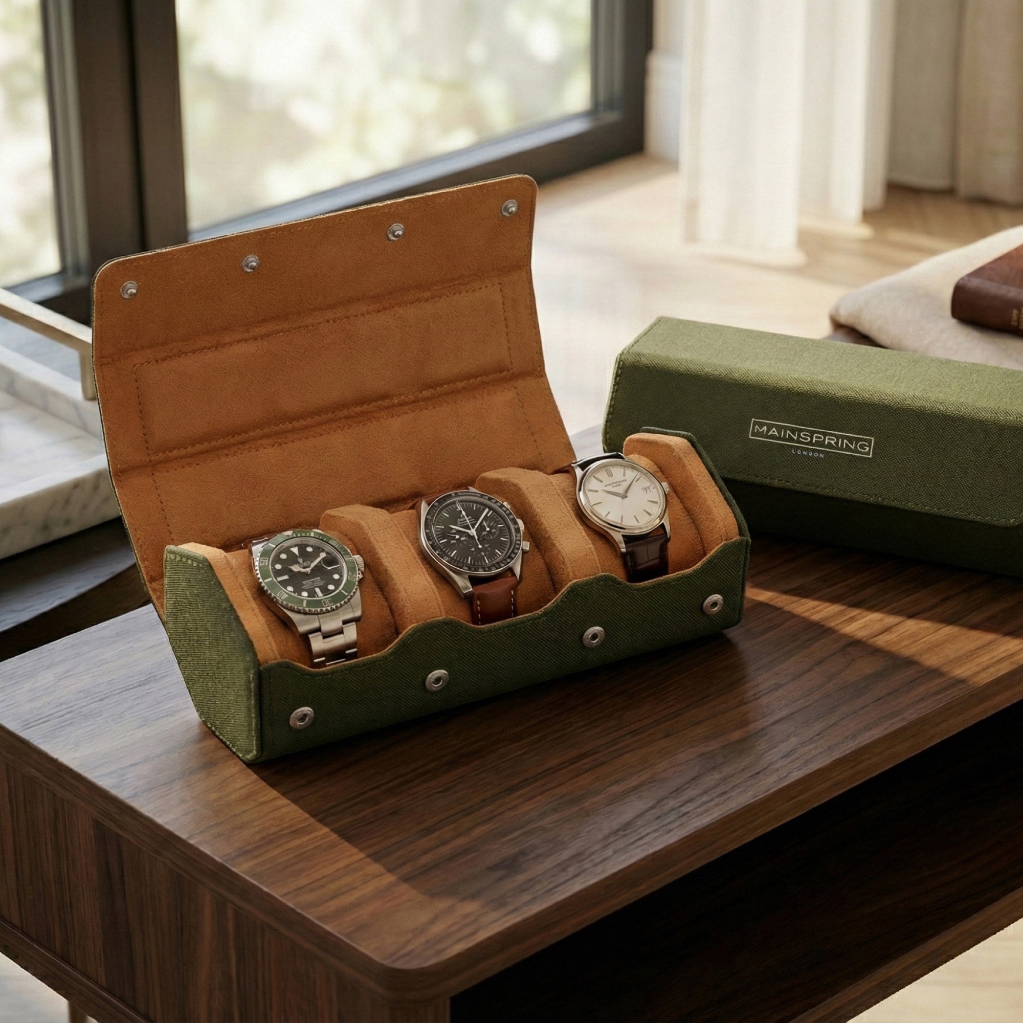 Esagono 3-Slot Watch Roll - Sage Green